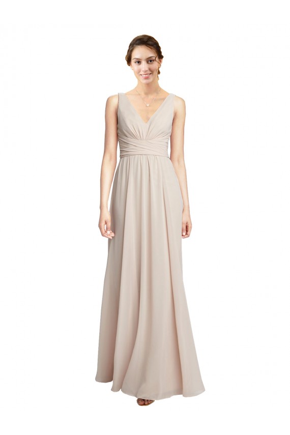Creme Rosa A-Linien V-Ausschnitt Chiffon Lange Brautjungfernkleider
