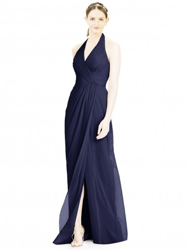 Dunkelmarine A-Linien Neckholder V-Ausschnitt Chiffon Lange Brautjungfernkleider