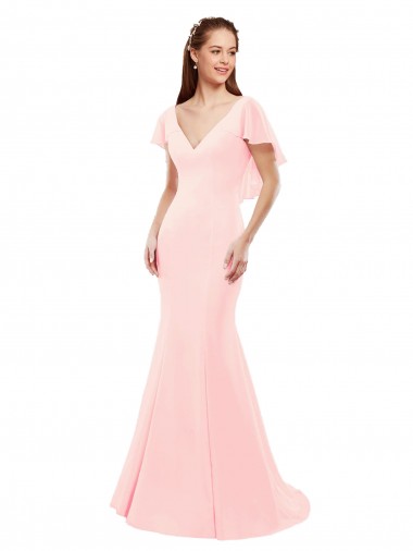 Rosa Meerjungfrau V-Ausschnitt Chiffon Lange Brautjungfernkleider
