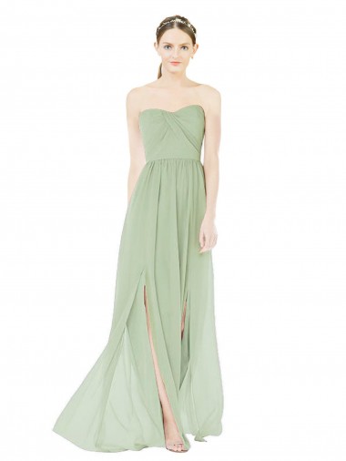 Salbeigrün A-Linien Trägerlos Chiffon Lange Brautjungfernkleider