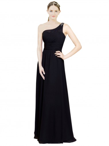 Schwarz A-Linien Eine-Schulter Chiffon Lange Brautjungfernkleider