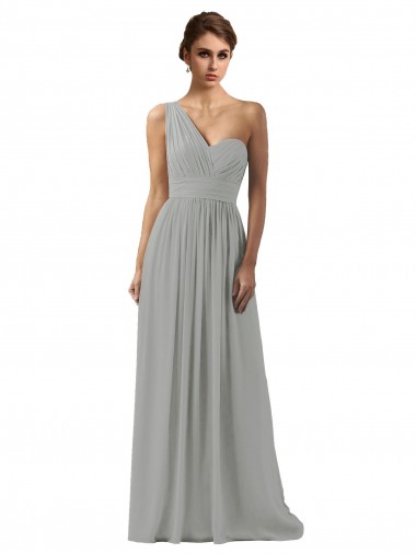 Silber A-Linien Eine-Schulter Chiffon Lange Brautjungfernkleider